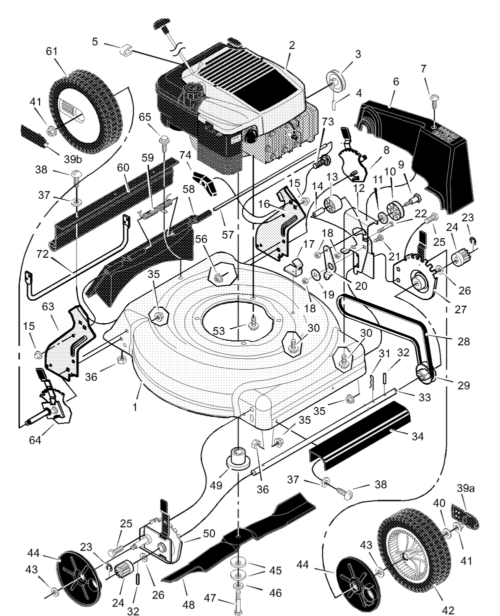 Mower Housing Assembly Diagram and Parts List for 20616X50C 2001 Briggs and Stratton Lawn Mower
